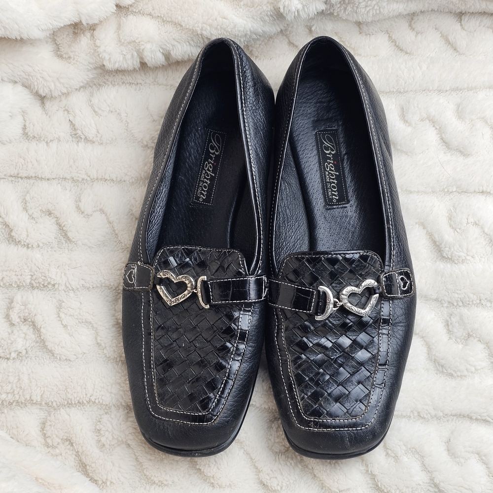 Brighton Womens Size 9M Black Audry Woven Leather Loafers Silver Heart Flats EUC